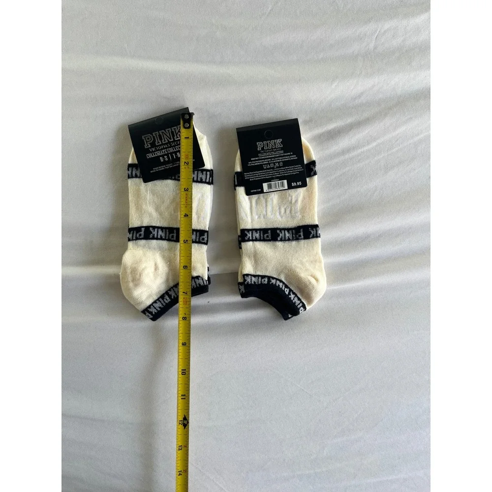 PINK Victorias Secret Collegiate Collection Ankle Socks‎ Cream Black 2 Pairs OS